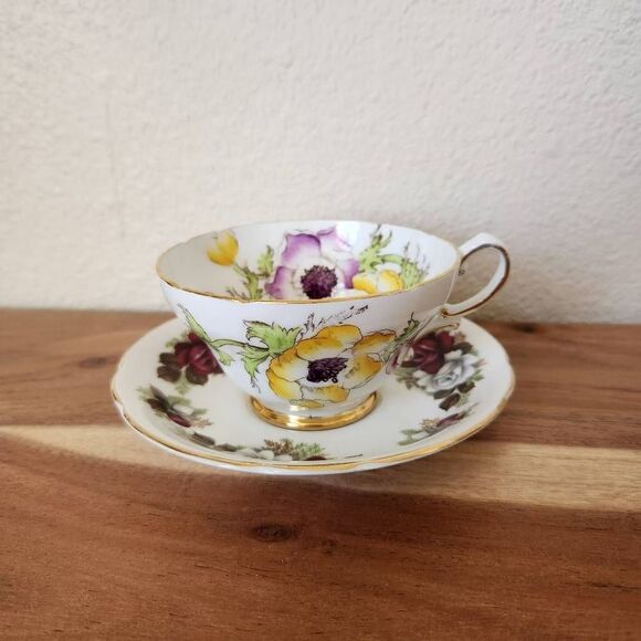 Stanley Anemone floral teacup fine bone china & rose saucer handpainted gold rim - Picture 1 of 9